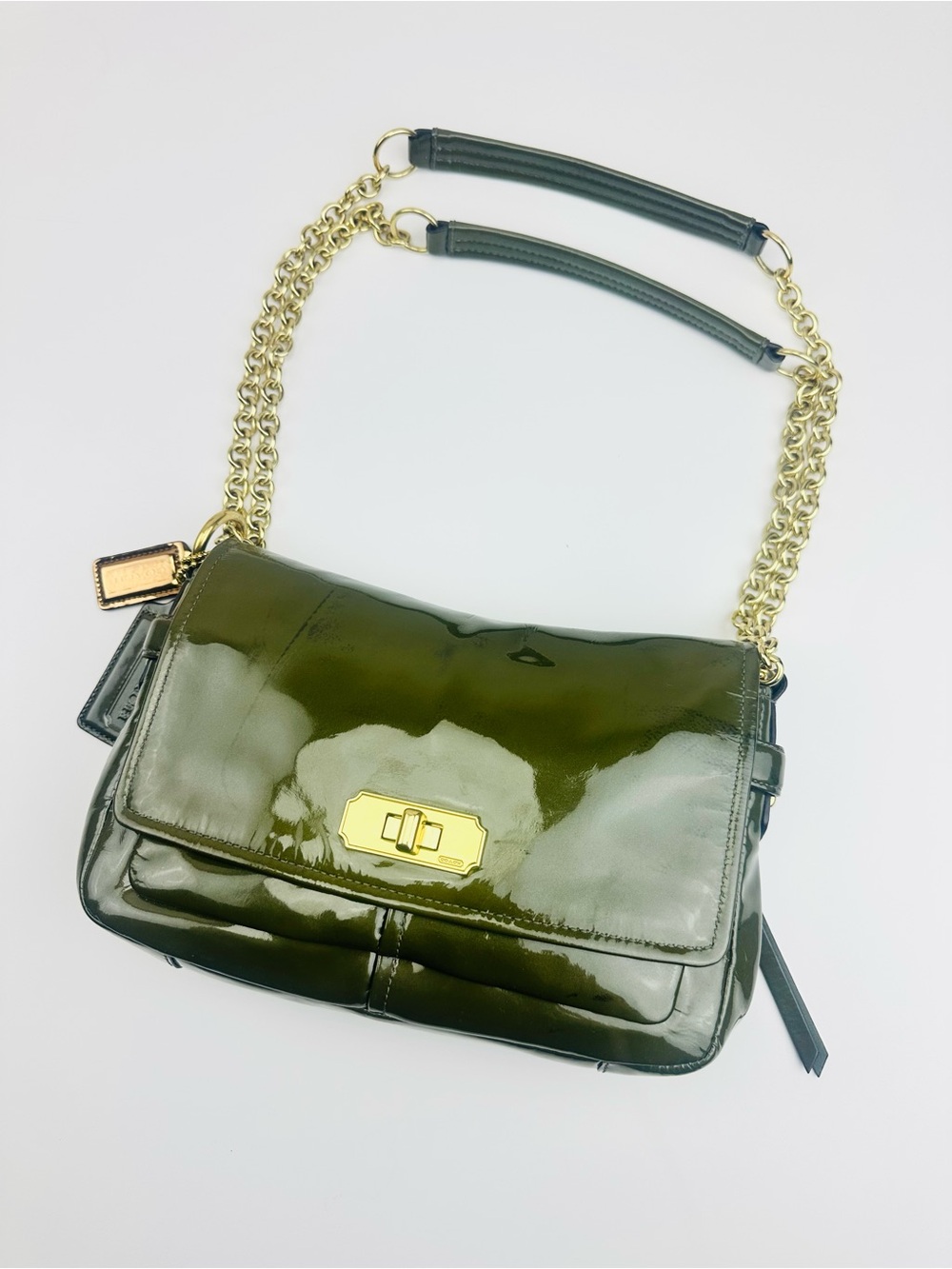 Coach *Discoloration* Chelsea Patent Leather Shoulder Crossbody Bag Green Gold